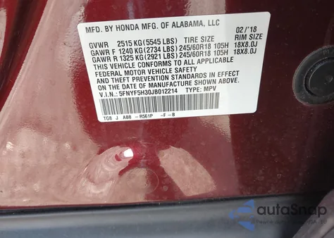 2018 Honda Pilot Ex z USA, uszkodzony, nr VIN 5FNYF5H30JB012214